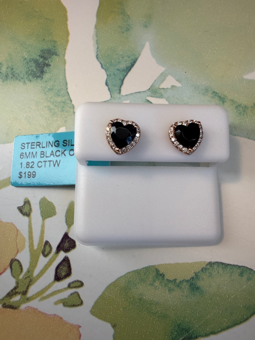 New Sterling Silver Black Heart Stud Earrings with CZ Halo Rosegold